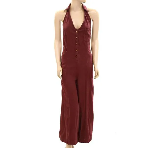 Free People Free-Est Harper Jumpsuit Halter Cotton One-Piece Wide Leg M 278690